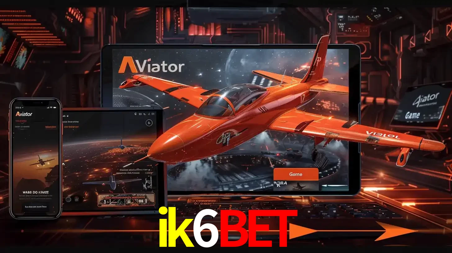 Apresentação tecnológica do jogo Aviator com um avião saindo da tela de um tablet, demonstrando a experiência imersiva em múltiplos dispositivos no ik6bet.