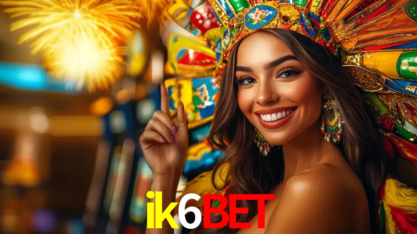 Mulher sorridente com um cocar de carnaval vibrante e colorido, celebrando uma grande vitória nos jogos do cassino ik6bet com fogos de artifício ao fundo.