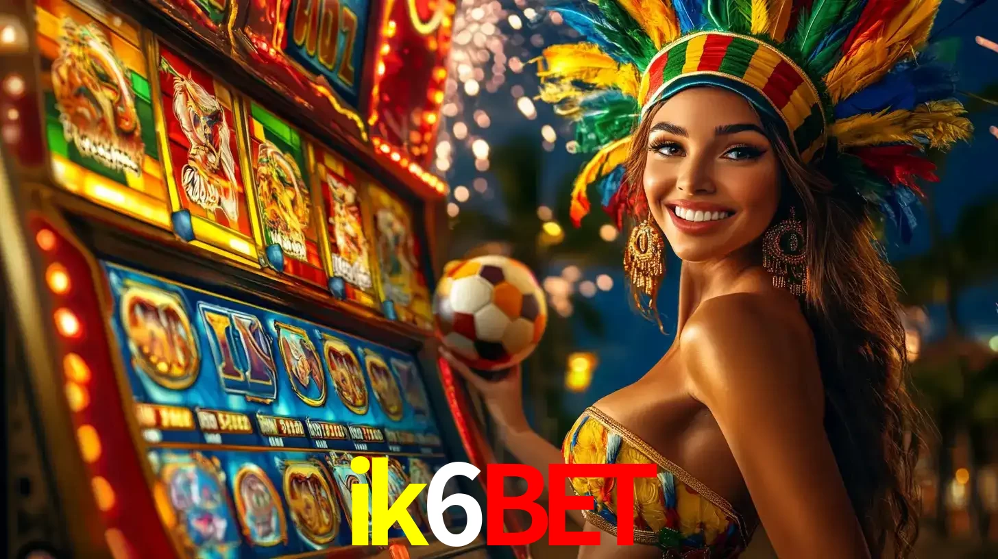 Mulher com um cocar de carnaval ao lado de uma máquina de caça-níqueis enquanto segura uma bola de futebol, mostrando a união da diversão de cassino e esportes no ik6bet.