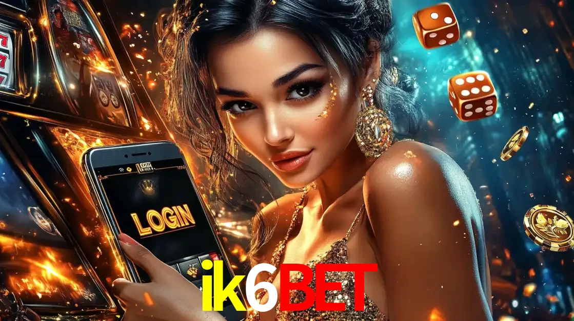 Mulher glamourosa segurando um celular com a tela de login do cassino ik6bet, rodeada por dados e moedas douradas, pronta para começar a diversão.