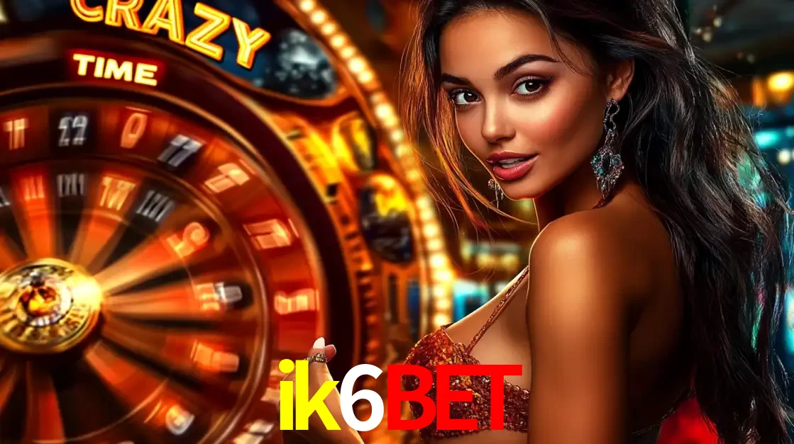 Mulher ao lado da roda de prêmios do jogo de cassino ao vivo Crazy Time, um dos shows de jogos mais emocionantes oferecidos pela plataforma de apostas ik6bet.