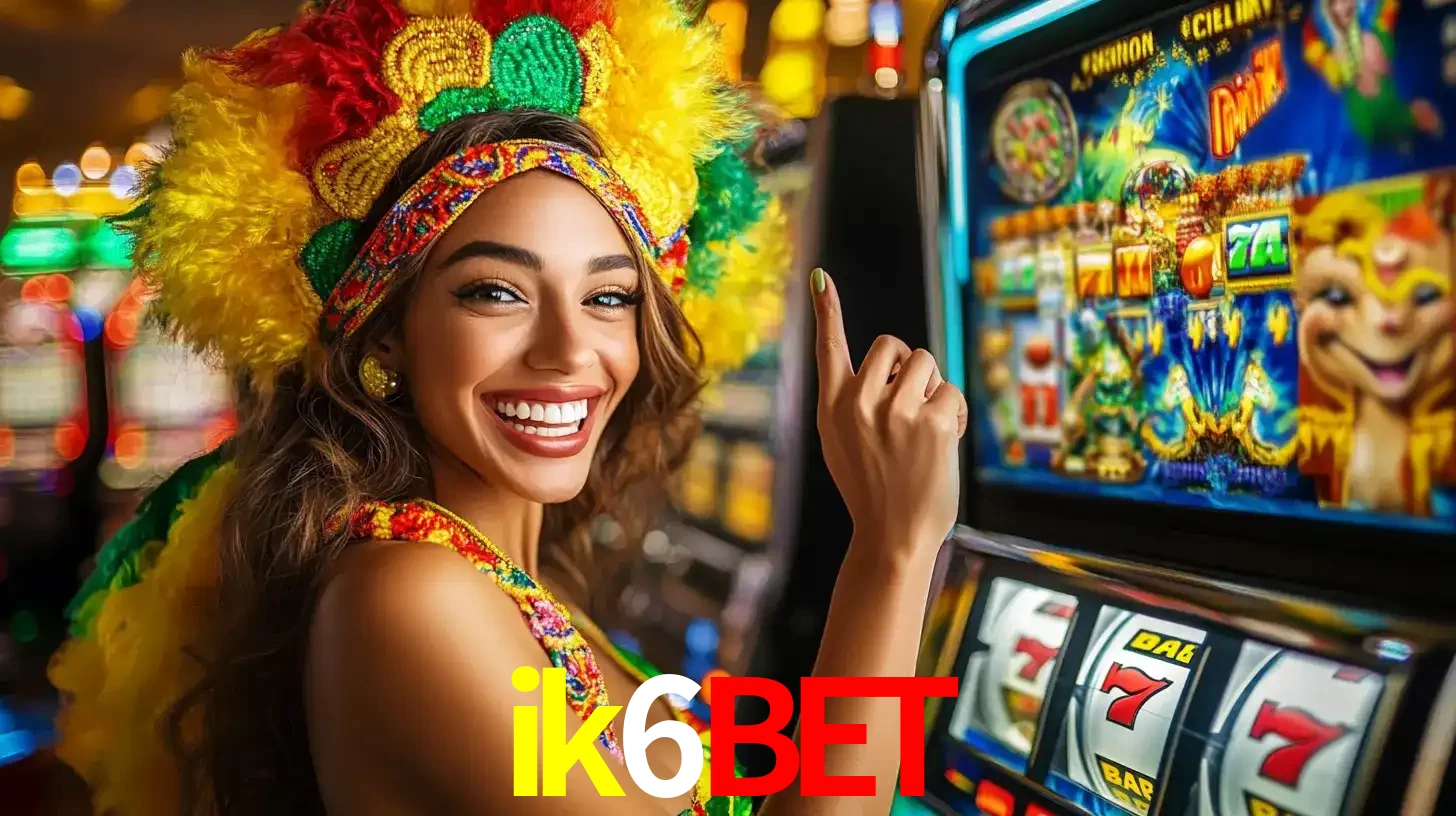 Mulher animada com um cocar de carnaval apontando para uma máquina de caça-níqueis, mostrando a emoção de ganhar um grande prêmio nos jogos do ik6bet.