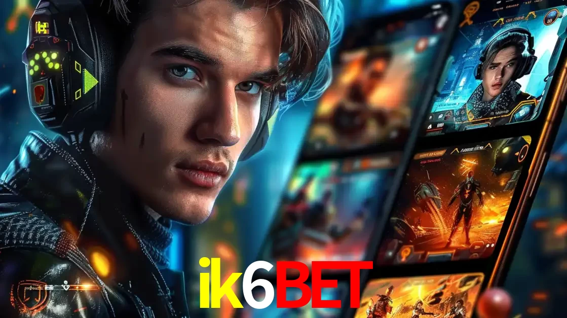 Jovem jogador com fones de ouvido olhando para a câmera, com um aplicativo de jogos e e-sports para celular ao fundo, pronto para a competição e apostas no ik6bet.