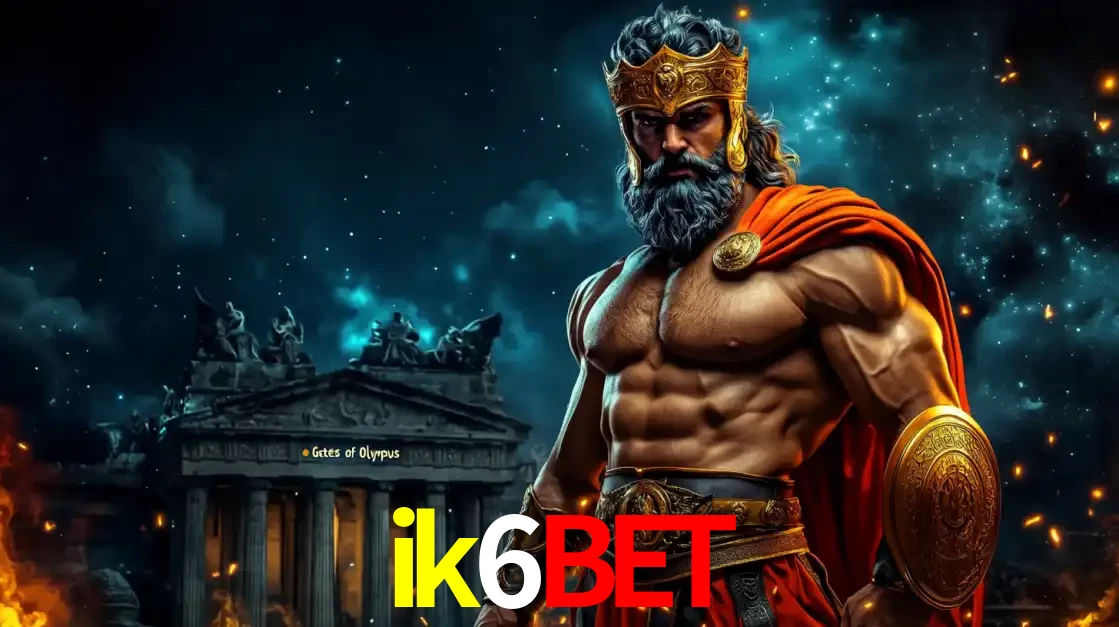 O poderoso Zeus do jogo de slot Gates of Olympus em frente ao seu templo, pronto para lançar multiplicadores divinos e prêmios épicos no cassino online ik6bet.