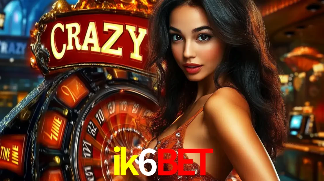 Mulher glamourosa olhando para a câmera com a roda vermelha do Crazy Time ao fundo em um ambiente de cassino, destacando a emoção dos jogos ao vivo no ik6bet.