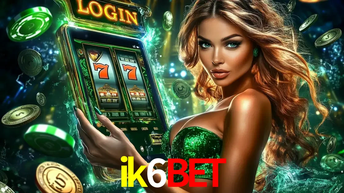 Mulher com tema verde apresentando o aplicativo do cassino ik6bet com um jogo de slot de 777, cercada por fichas de cassino e uma aura de sorte.