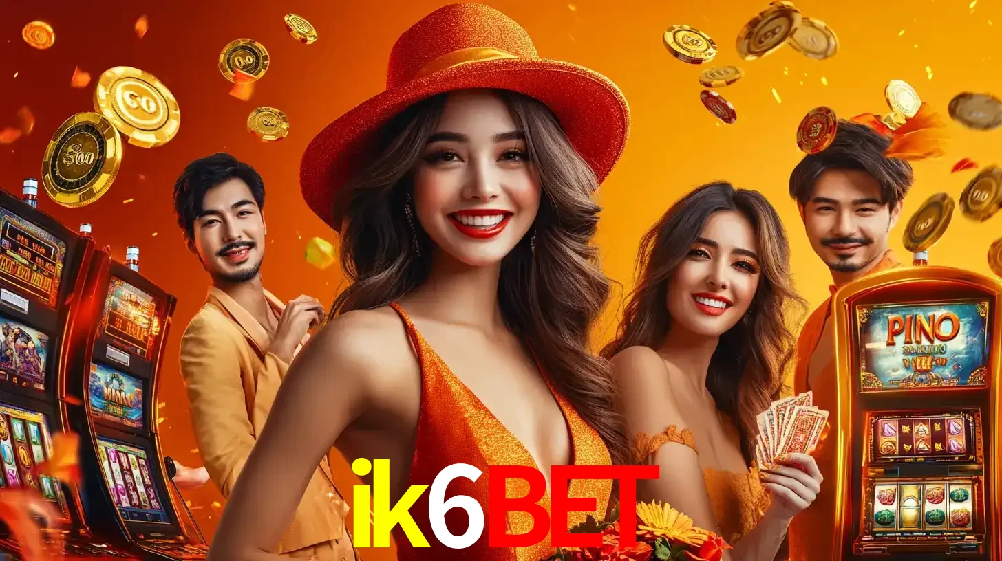 Grupo de amigos asiáticos sorrindo e se divertindo com máquinas de caça-níqueis em um ambiente festivo, celebrando suas vitórias nos jogos de cassino do ik6bet.