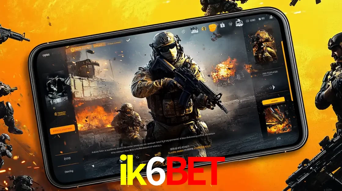 Um smartphone exibindo a interface de um jogo de tiro em primeira pessoa, com um soldado em um cenário de batalha, representando a ação dos e-sports para apostar no ik6bet.