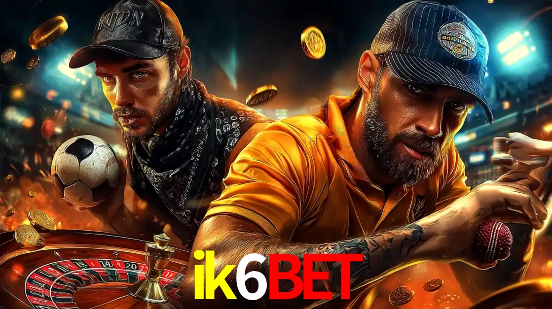 Montagem de apostas esportivas e cassino no ik6bet, com um homem segurando uma bola de futebol e outro uma de beisebol sobre uma roleta e moedas voadoras.