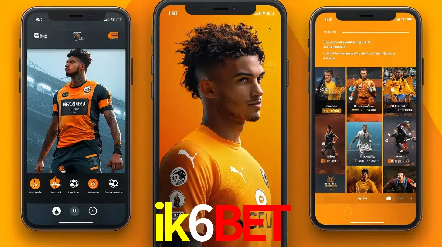 Interface do aplicativo de apostas esportivas ik6bet em três telas de celular, mostrando o perfil de um jogador de futebol e a lista de jogos disponíveis para apostar.