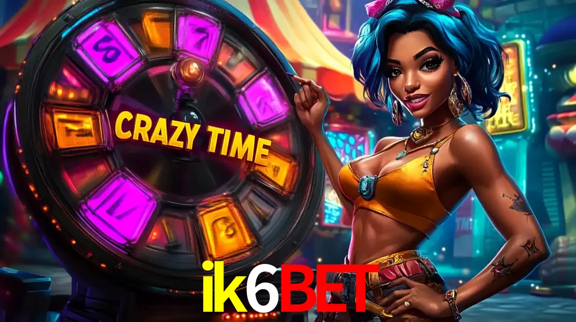 Mulher estilizada com cabelo azul e visual vibrante posando ao lado da roda de prêmios do game show Crazy Time, convidando para a diversão e os bônus do cassino ik6bet.