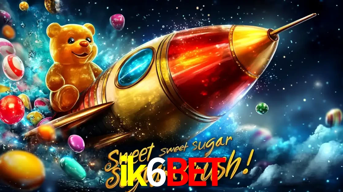 Arte promocional do jogo de slot Sugar Rush, com um urso de pelúcia em um foguete viajando pelo espaço de doces, um dos jogos divertidos disponíveis no cassino ik6bet.