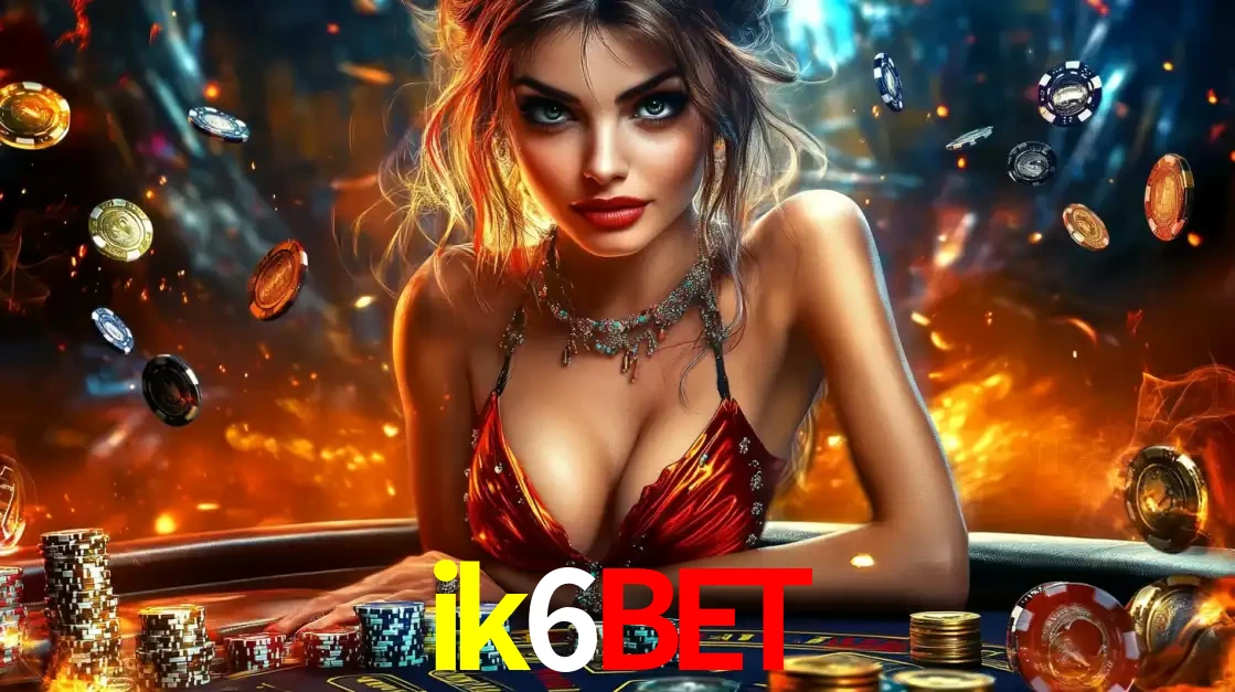 Mulher em uma mesa de cassino com pilhas de fichas e um fundo de fogo, pronta para uma rodada de altas apostas nos jogos de mesa emocionantes do cassino ik6bet.