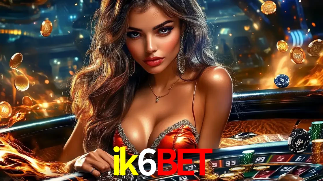 Mulher glamourosa em uma mesa de roleta com um fundo de chamas e moedas voadoras, pronta para fazer sua aposta e ganhar grandes prêmios no cassino ao vivo ik6bet.