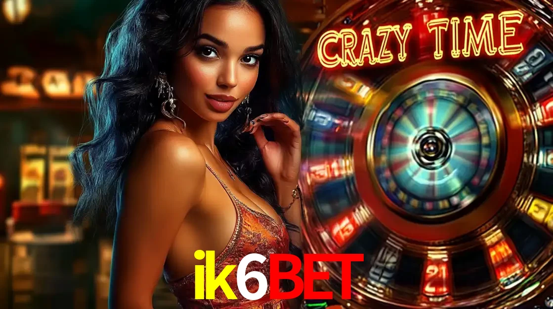 Mulher elegante ao lado da vibrante roda da fortuna do jogo de cassino ao vivo Crazy Time, um dos game shows mais populares e cheios de prêmios do ik6bet.