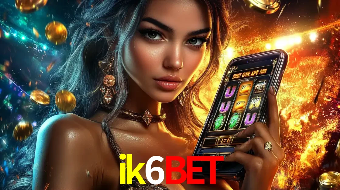 Mulher elegante mostrando um jogo de caça-níqueis em seu smartphone, destacando a experiência de cassino móvel oferecida pelo aplicativo ik6bet.