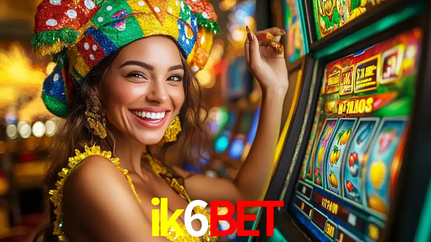Mulher feliz com traje de carnaval amarelo e colorido ao lado de uma máquina de caça-níqueis, aproveitando a diversão e os jogos temáticos do cassino ik6bet.