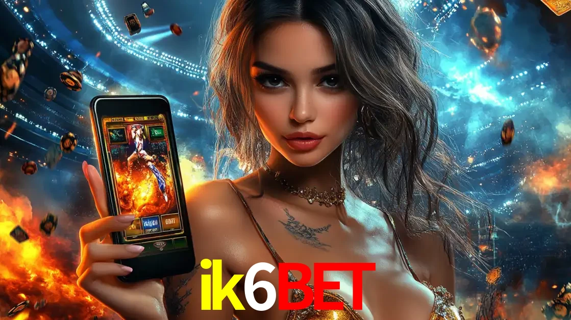 Mulher segurando um celular com um jogo de slot em destaque, tendo como fundo um estádio vibrante, simbolizando a emoção de jogar no cassino móvel ik6bet.