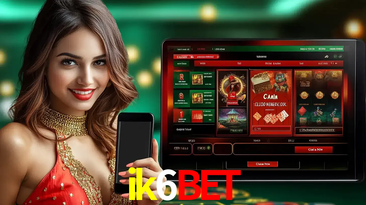 Mulher sorridente segurando um smartphone, ao lado de uma tela exibindo o lobby de jogos do cassino online ik6bet, com várias opções de jogos de cartas e slots.